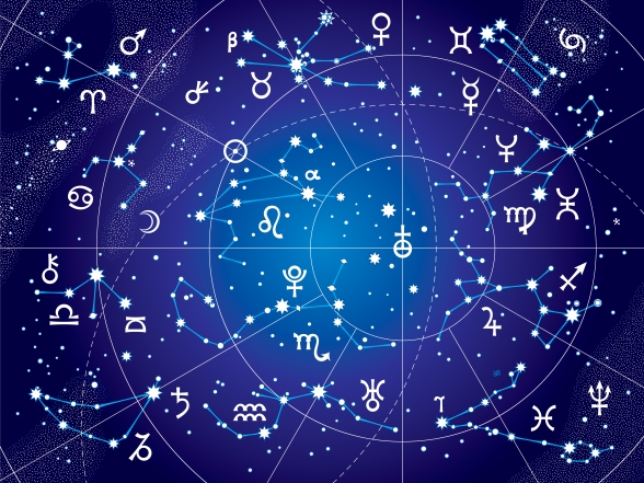 XII Constellations of Zodiac and Its Planets the Sovereigns. Astrological Celestial Chart. (Ultraviolet Blueprint version).